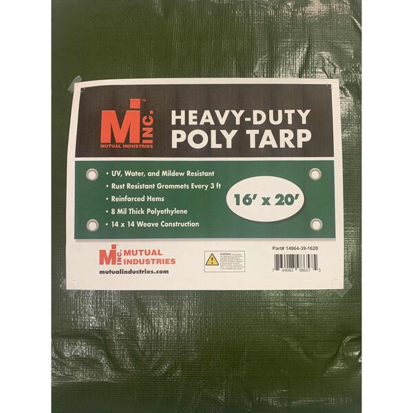 Heavy Duty Tarp, 16 ft x 20 ft, 8 mil, Green, UV Resistant, Mildew Resistant
